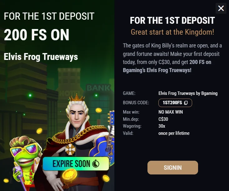 king billy casino free spins