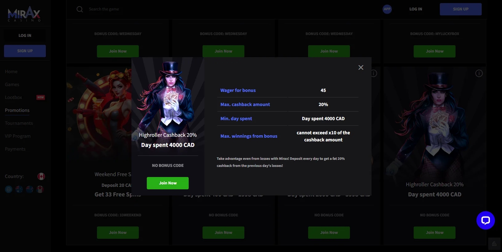 Mirax Casino Highroller Cashback