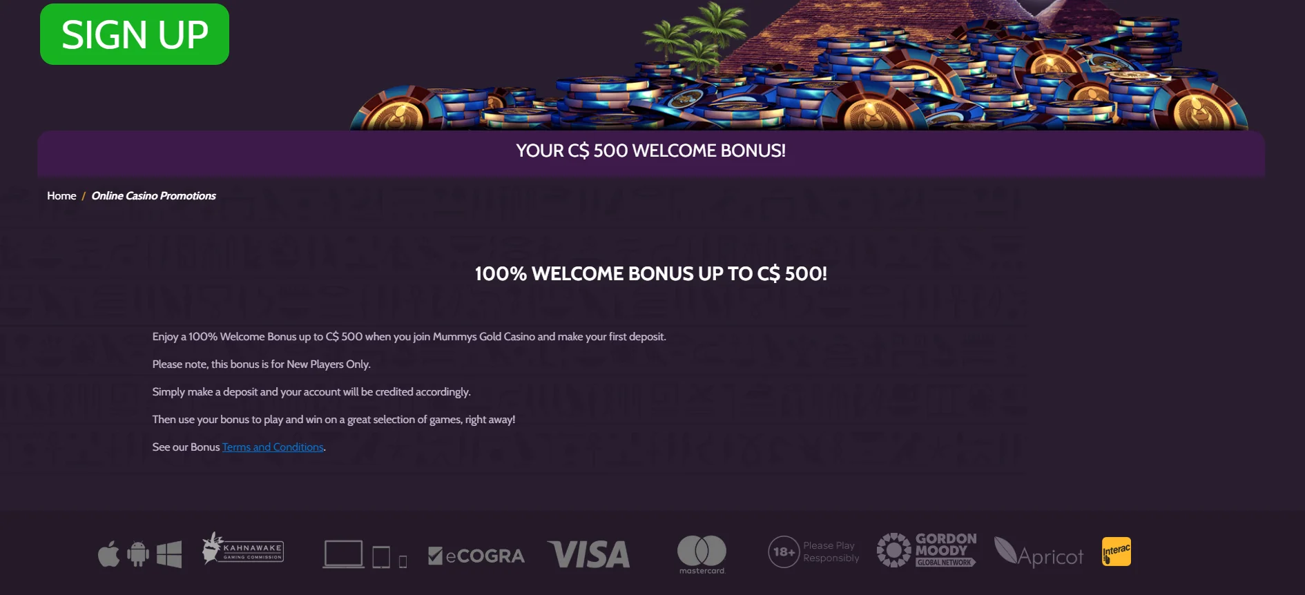 Mummy's Gold Casino Welcome Bonus