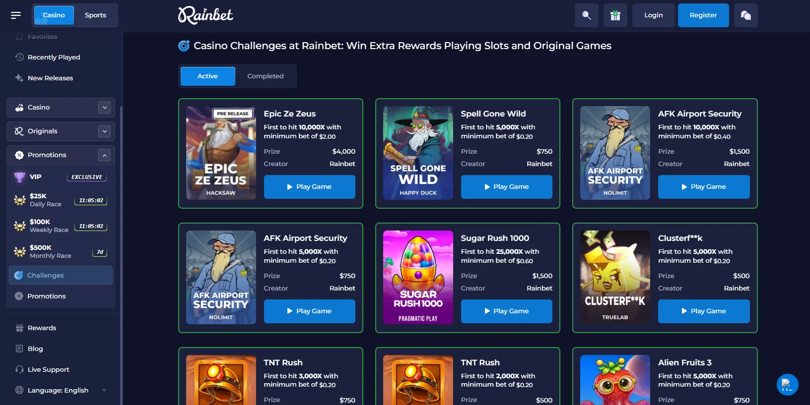 Rainbet Casino Challenges