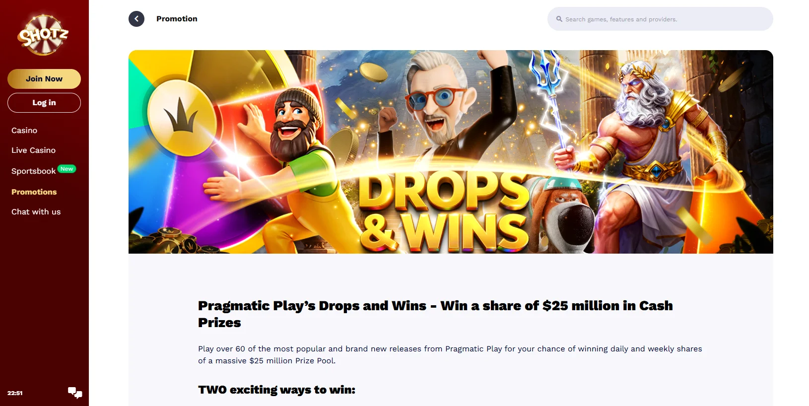 Shotz Casino Drops and Wins