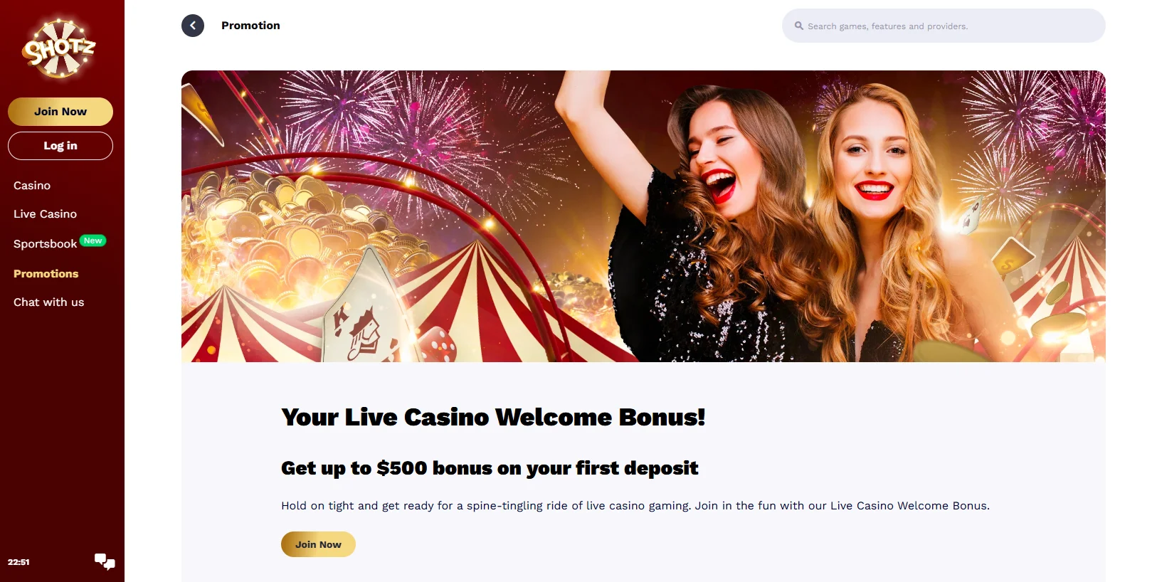 Shotz Casino Live Welcome Bonus