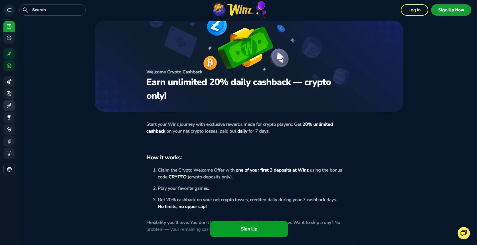Winz Casino Welcome Crypto Cashback
