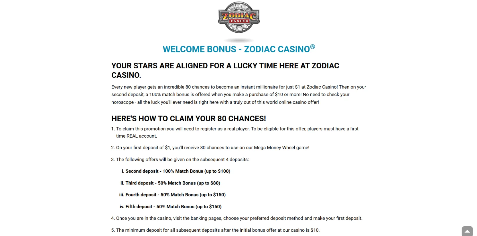 Zodiac Casino Welcome Bonus